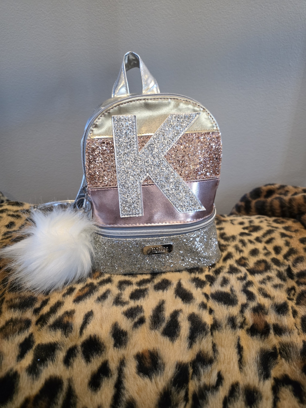 Justice Glitter 'K' Mini Backpack in Silver & Pink